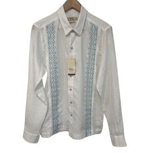 Abito Collezioni Linen Long Sleeve Guayabera SZ Small White Aqua Tropical NWT